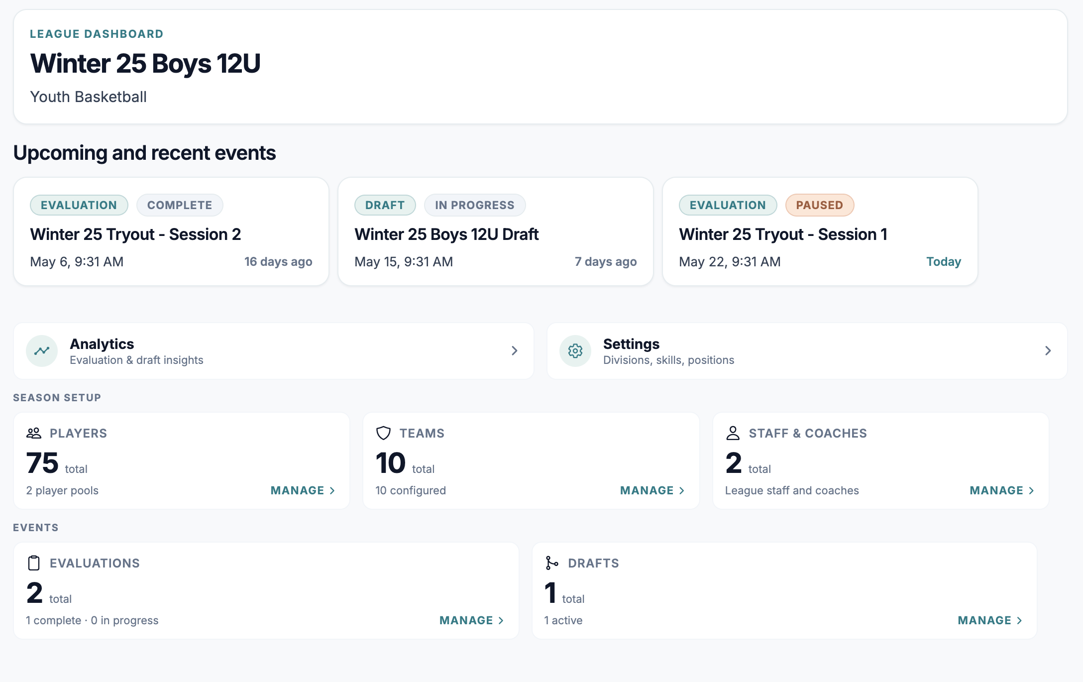 Roster Raptor league dashboard showing seasons, teams, and roster activity.