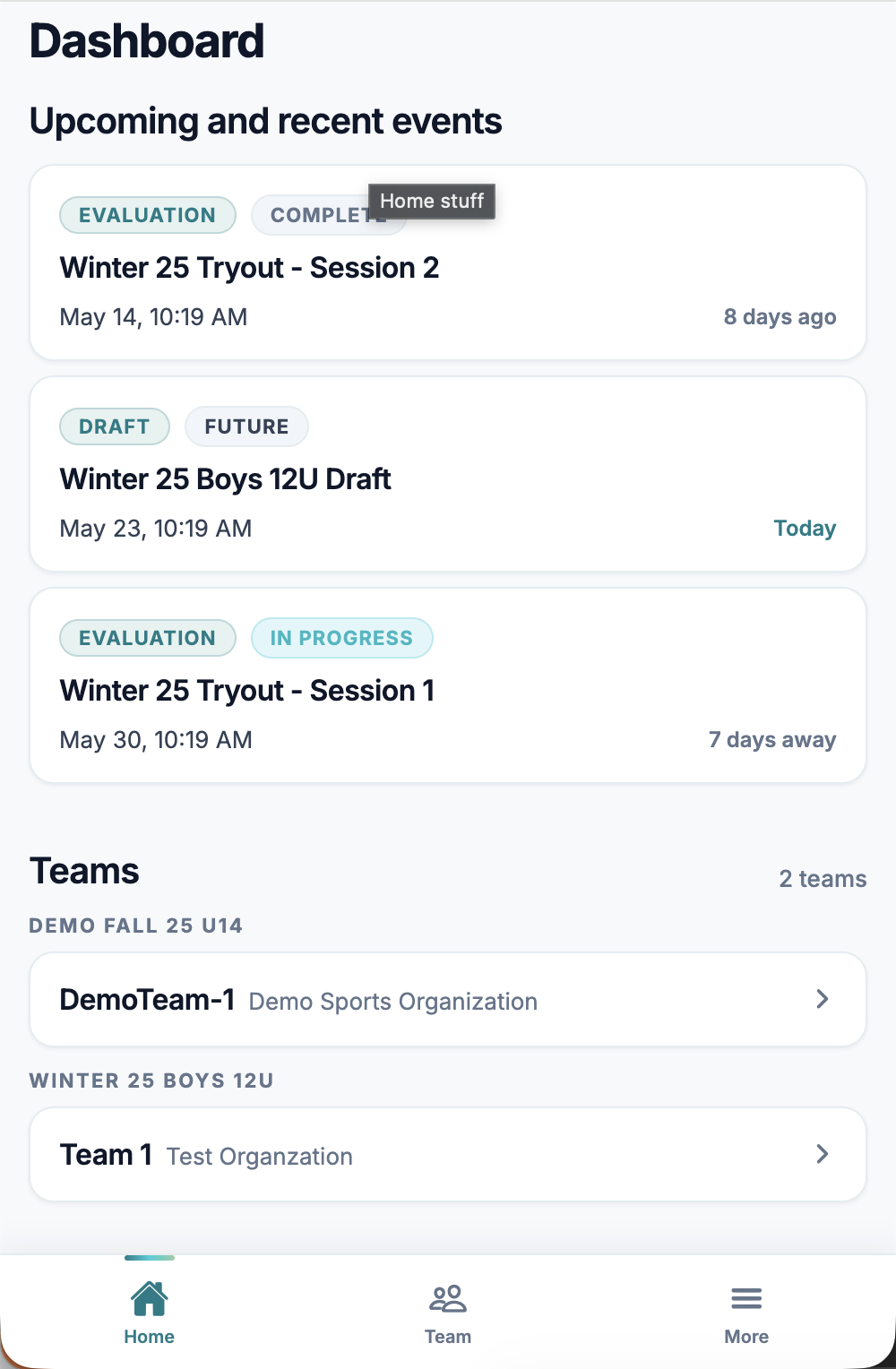 Parent team portal on a phone: team header, this week's schedule, quick RSVP and message-coach actions.